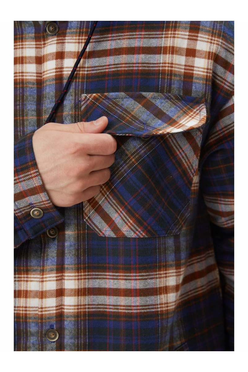 Куртка-рубашка унисекс с шерстяной подкладкой и капюшоном. Тёмно-синяя клетка. Рост 165-179см