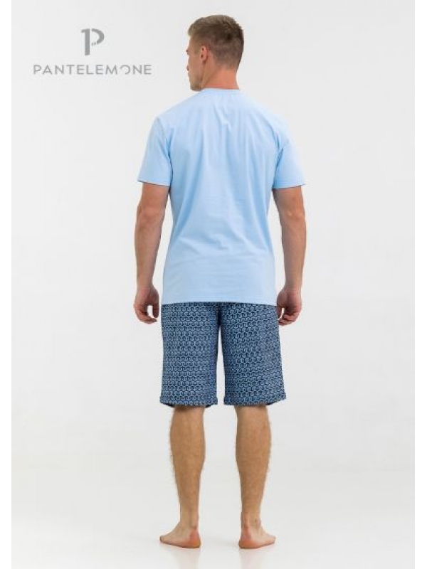 Домашний мужской хлопковый комплект из футболки и шорт. Цвет аква + синий геометрия